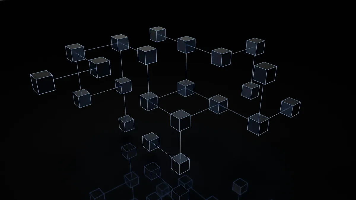 Abstract connected node cubes on a dark background representing infrastructure architecture