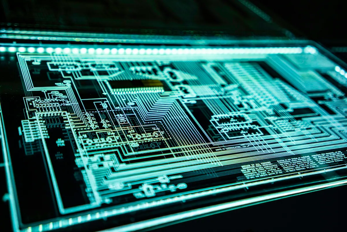 Illuminated circuit board representing structured data processing systems