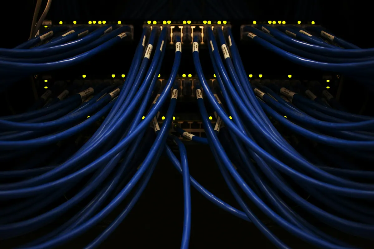 Blue network cabling connected within a managed server environment